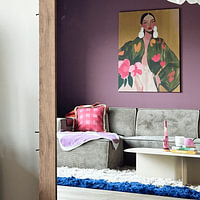 Klantfoto: Kleurrijk modern en abstract portret in warme kleuren van Carla Van Iersel, op canvas