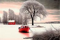 Dreamscape with red boat in a winter landscape 3 by Maarten Knops thumbnail