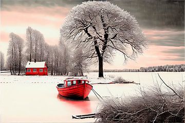 Droombeeld met rode boot in een winter landschap 3 van Maarten Knops