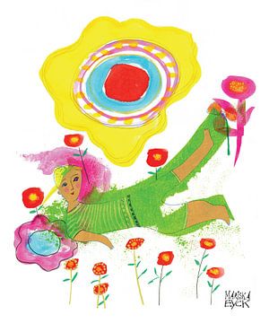 liggend in een bloemenveld, vrolijke kleurrijke kunst van mariska eyck