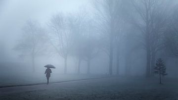 Wandelaarster in de mist