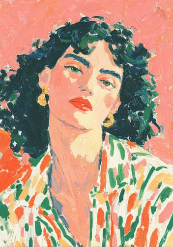Portret van een vrouw met krullen en kleurrijke patronen