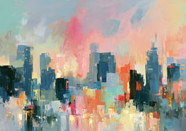Abstract city skyline in pastel pink and blue by Niklas Maximilian