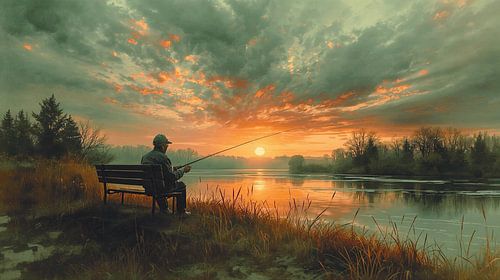 Oudere man aan het vissen bij zonsondergang