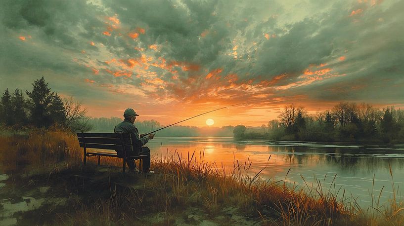 Elderly Man Fishing at Sunset by MajesticArts