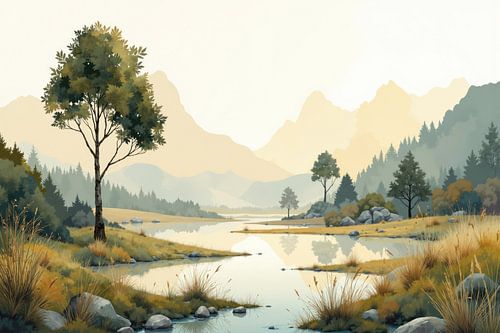 Sereen meer dat bergen weerspiegelt in een vallei bij zonsondergang