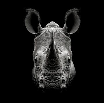 portrait dramatique en noir et blanc de la tête d'un rhinocéros regardant droit dans l'appareil photo sur Margriet Hulsker