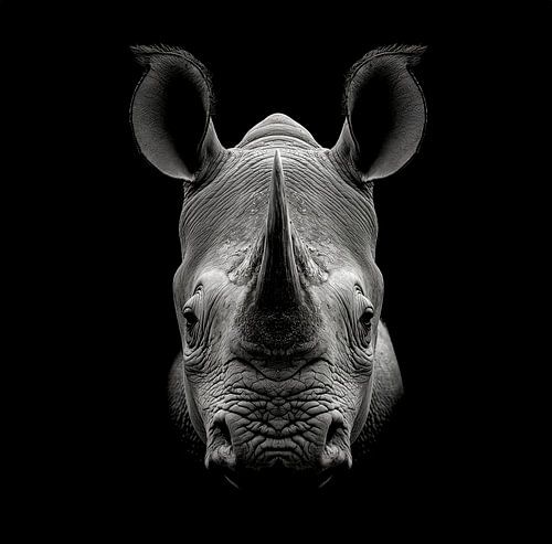 dramatic black and white portrait photo rendering of the head of a rhino looking straight into the camera