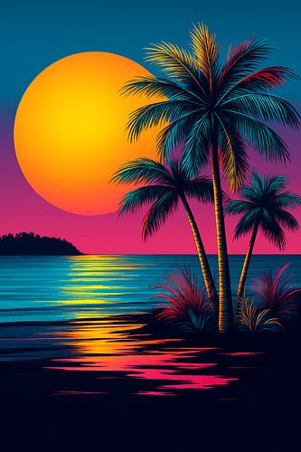 Sereniteit bij zonsondergang: Een neon Palm Beach droomlandschap