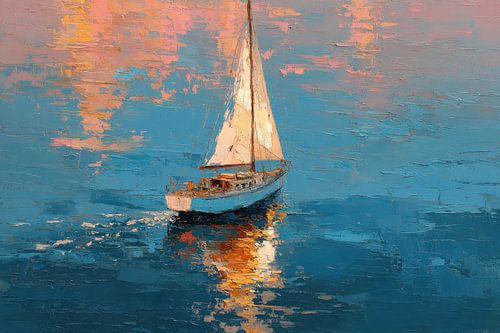 Zeilboot bij zonsondergang - Minimalistisch olieverfschilderij van Niklas Maximilian