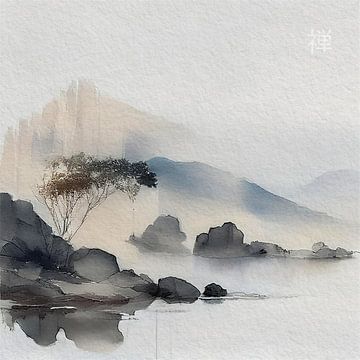 ZEN schilderij: Japans landschap in de mist van Studio Pieternel