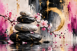 Zen stones with cherry blossoms | Abstract Zen art in pink, black and gold | Landscape-format poster by ButterflyPix