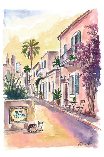 Die sonnenbeschienenen Straßen von Neve Tzedek strahlen mediterranen Charme und Farbenpracht aus