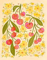 Red Cherries And Yellow Flowers