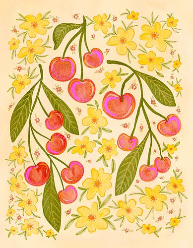 Cerises rouges et fleurs jaunes sur Nikita Jariwala