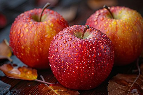 Drie Kleurrijke Appels met Dauwdruppels