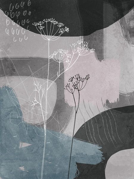 Abstract botanical art. Two dill flowers and  organic shapes. by Dina Dankers