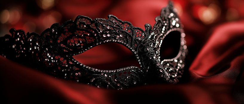 Elegant black mask on red velvet by Poster Art Shop