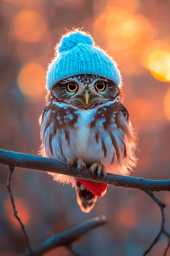 Uil met pet in de zonsondergang
