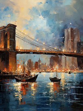 Lumières de la ville dans l'obscurité : le pont de Brooklyn dans la nuit sur Peter Balan