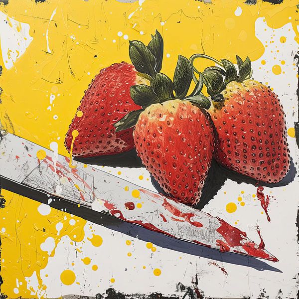 Aardbeien met mes modern schilderij van Vlindertuin-Art
