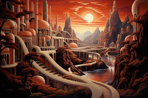 Bizarre surreal art deco landscape of an alien planet