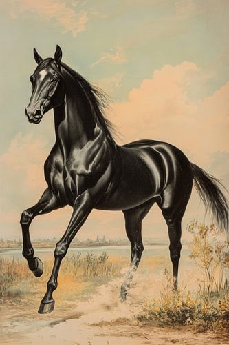 Schwarzes Pferd in Bewegung Kraft und Anmut in der Landschaft