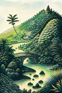 Weelderig tropisch berglandschap met rivier en brug van Anna Marie de Klerk
