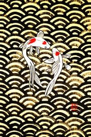 2 koi carp on wood by Péchane Sumie