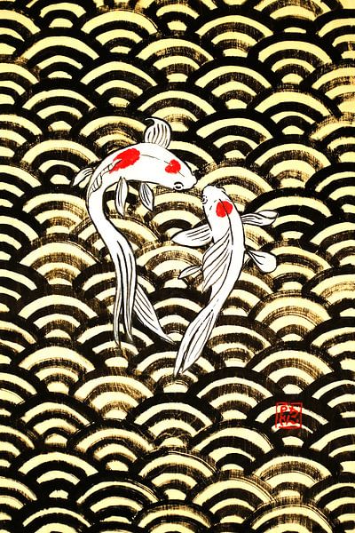 2 koi carp on wood by Péchane Sumie