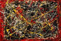 Abstract schilderij, zwart, rood, geel en meer, Pollock stijl