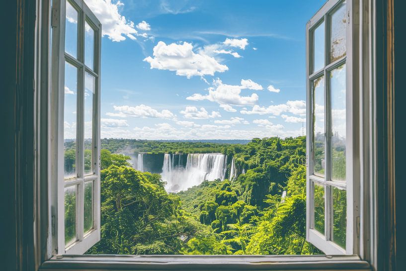 Fensterblick auf Wasserfall von Poster Art Shop