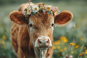 Met bloemen versierd koeienportret - Idyllisch kunstwerk voor dieren- en natuurliefhebbers van Felix Brönnimann