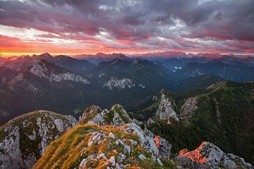 Dramatischer Sonnenaufgang auf dem Gipfel - Säuling - Tirol von Jiri Viehmann