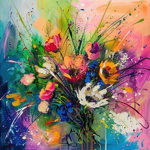 Levendige, kleurrijke bos wilde bloemen schilderij in abstracte stijl.