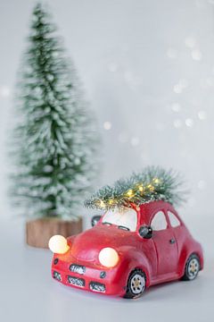 Sfeerbeeld kerstmis, kerstboom op het dak van een auto. van Ingrid de Jongh