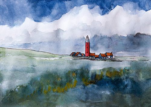 Phare d'Eierland depuis les dunes de Texel | Peinture à l'aquarelle faite à la main sur WatercolorWall