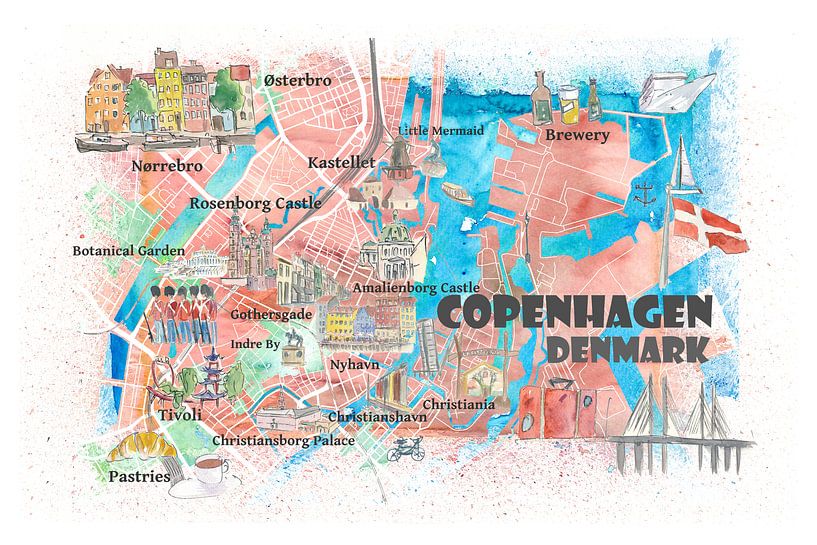 Kopenhagen Dänemark Illustrierte Karte mit Sehenswürdigkeiten und Highlights der Hauptstraßen von Markus Bleichner