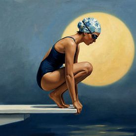 Nageur en équilibre sous la lune rougeoyante sur Jan Keteleer