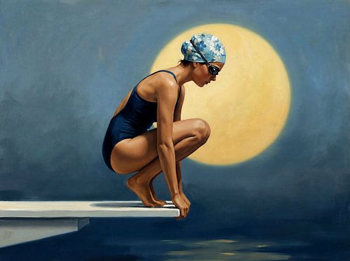 Zwemmer in evenwicht onder gloeiende maan