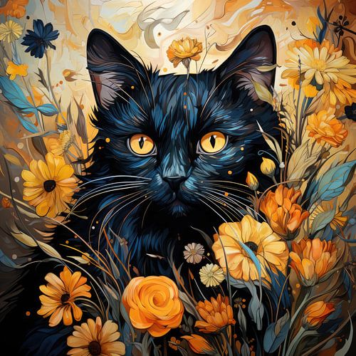 Chat noir dans une mer de fleurs