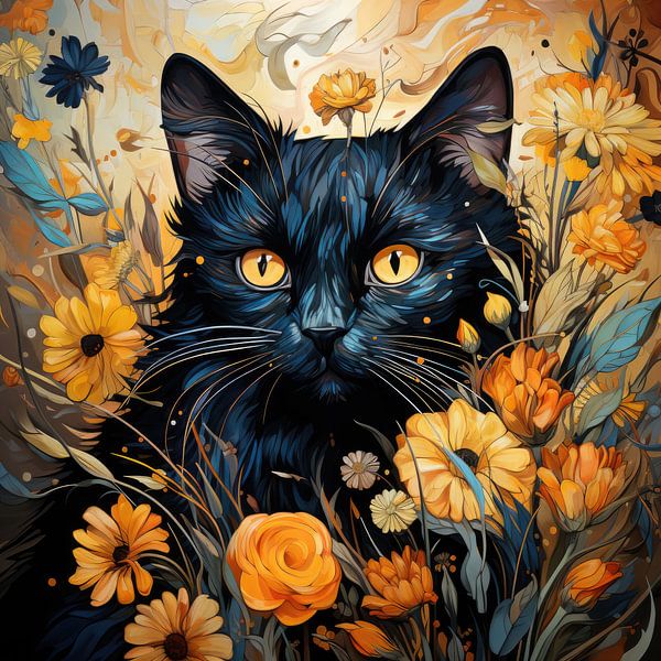 Black Cat and Flowers inspired by Vincent van Gogh by Erika Kaisersot