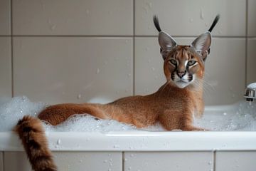 Un lynx du désert caracal serein dans sa baignoire - Une image de salle de bain exotique sur Felix Brönnimann