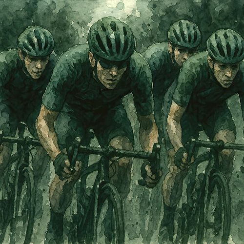 Moving forward together (cool painting with group of cyclists sporting mancave men )