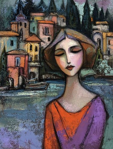 Femme aux maisons colorées sur Peinture Abstraite