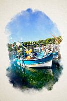 Sea view of boats moored in Niel in watercolour
