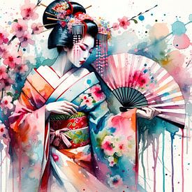 Watercolor Geisha Dancer #2 by Chromatic Fusion Studio