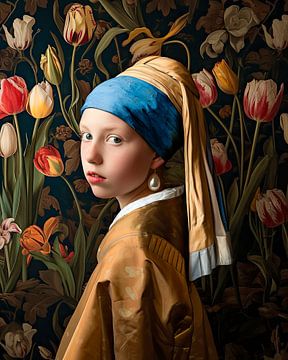 Girl with a pearl earring and tulip field by Vlindertuin Art