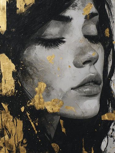 Artistiek Zwart Wit Portret met Goud – Moderne Luxe Wanddecoratie