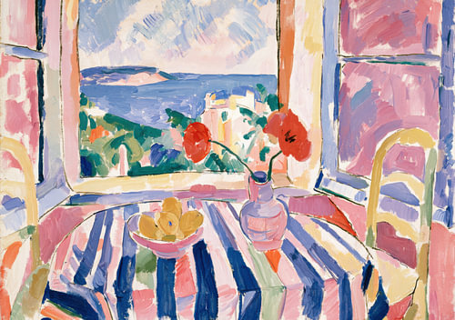 Fauvism Art – Open Window with a Sea View and Red Flowers